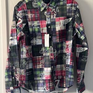 Polo by Ralph Lauren Red and Green Collegiate  football themed Plaid Men's Shirt